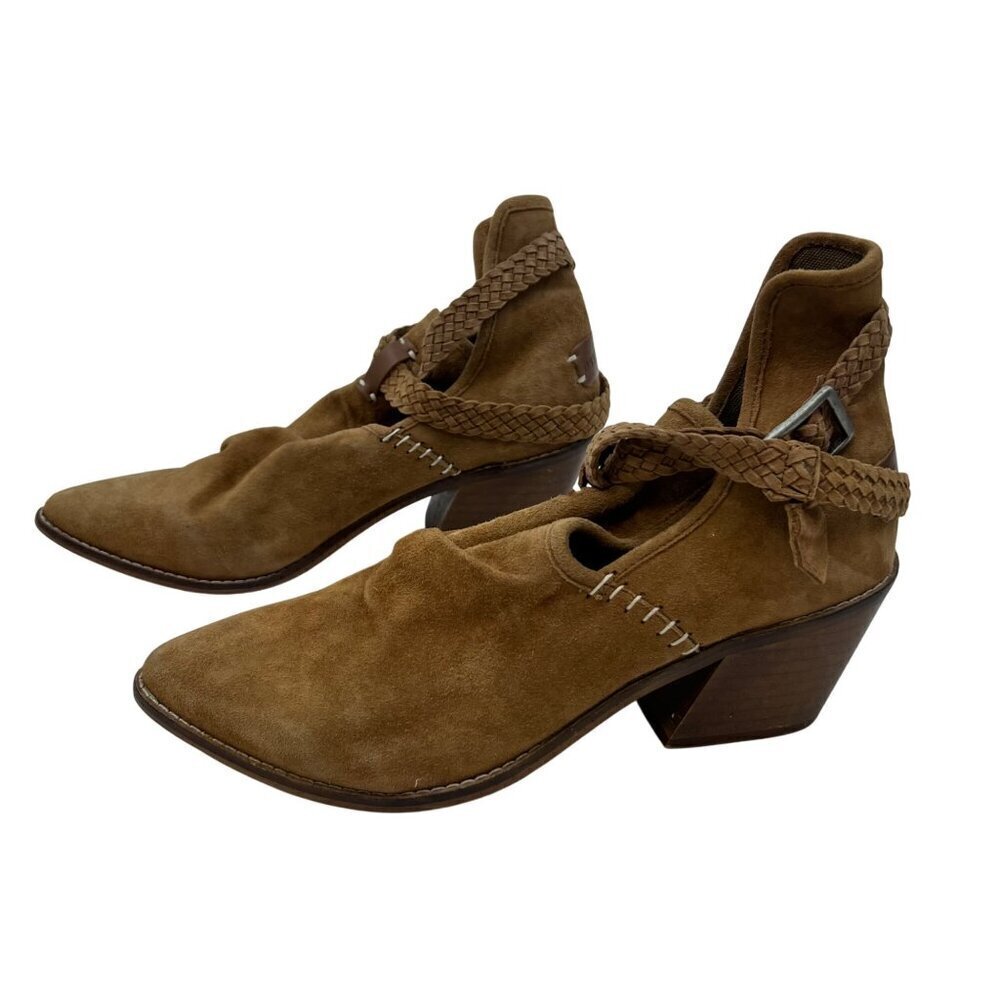 Musse & Cloud Tan Block Heel Ankle Boots Suede Pointed Toe EU 39 US 8